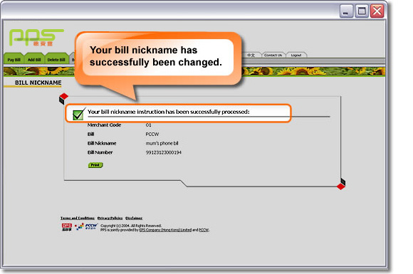 Your bill nickname has successfully been changed.